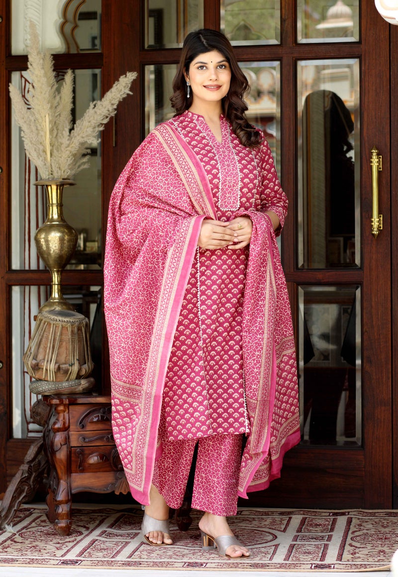 Miravan Women's Pink Cotton Kurta Set for Women - Image 3